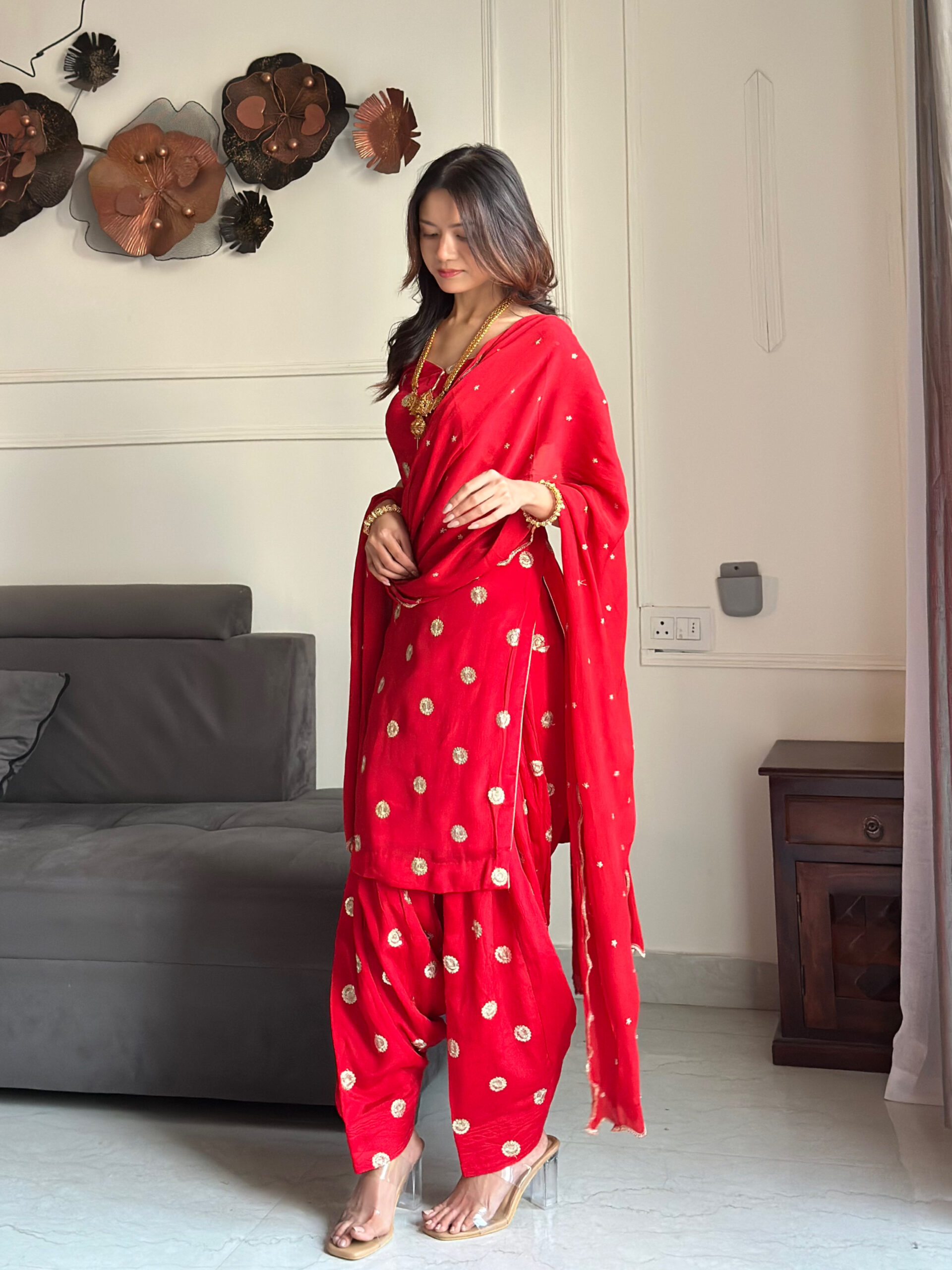 The SUHANI Set – Custom-Fit Crimson Patiala with Gold Butti Work The SUHANI Set – Custom-Fit Crimson Patiala with Gold Butti Work