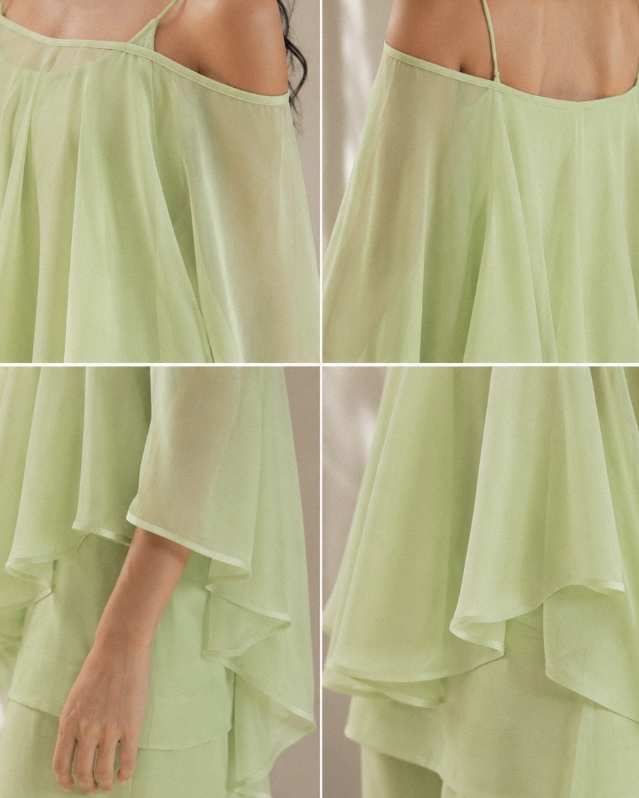 Close-up details of the Elara cape kurti set — sheer georgette neckline, fine shoulder straps, flared sleeve and layered hem