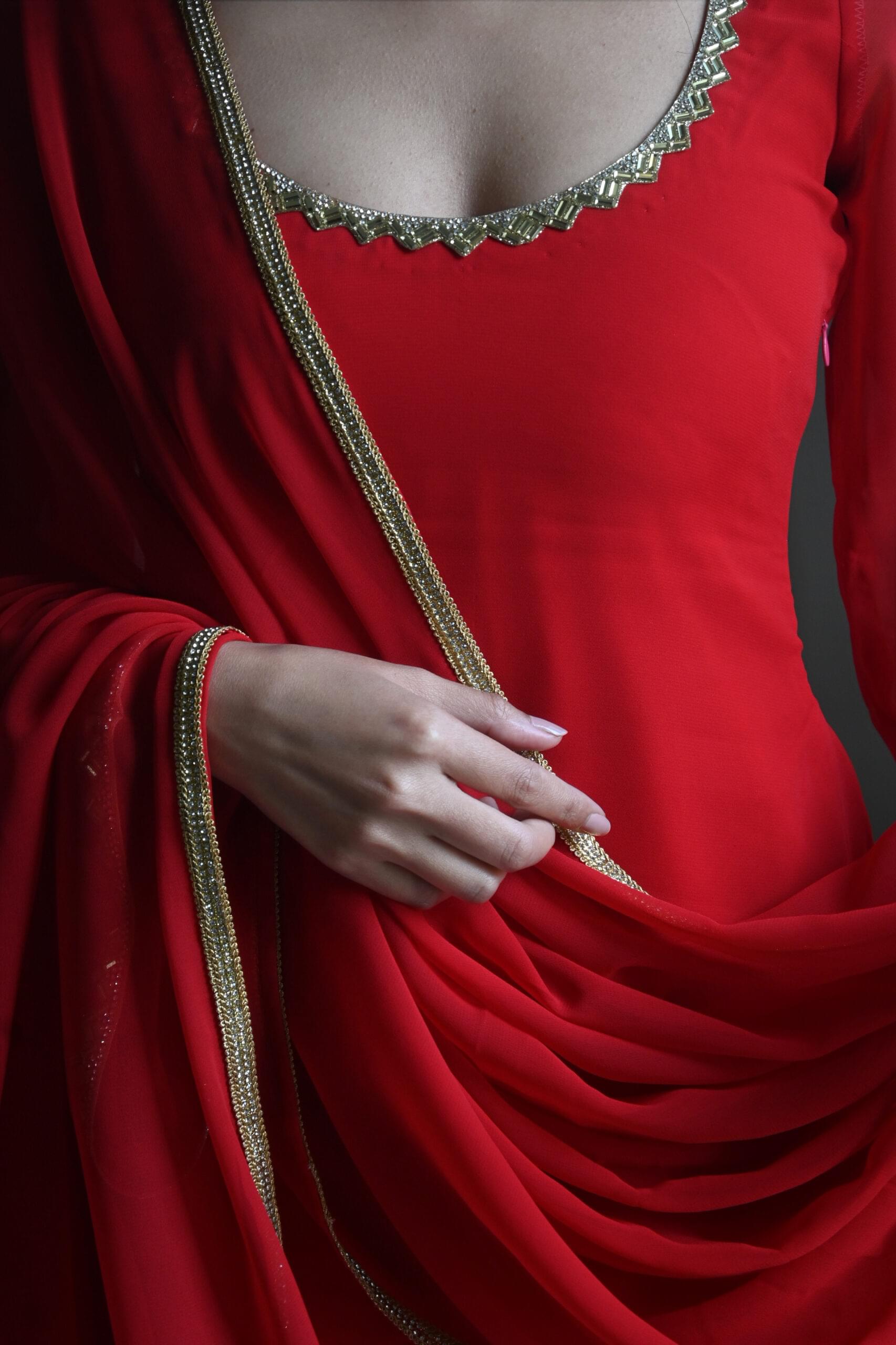 riva crimson red custom handcrafted georgette suit set